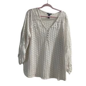 alfani roll cuff lace crochet blouse - white - EUC - 2X
